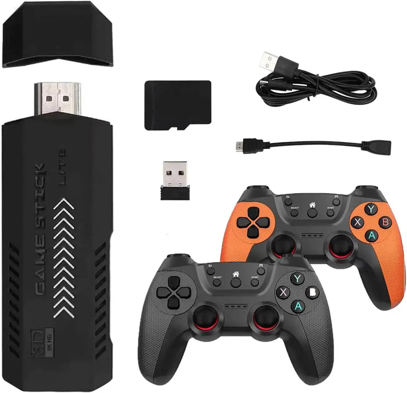 Ultra Retro Game Stick 4K console with two controllers and accessories, ready for nostalgic gaming.