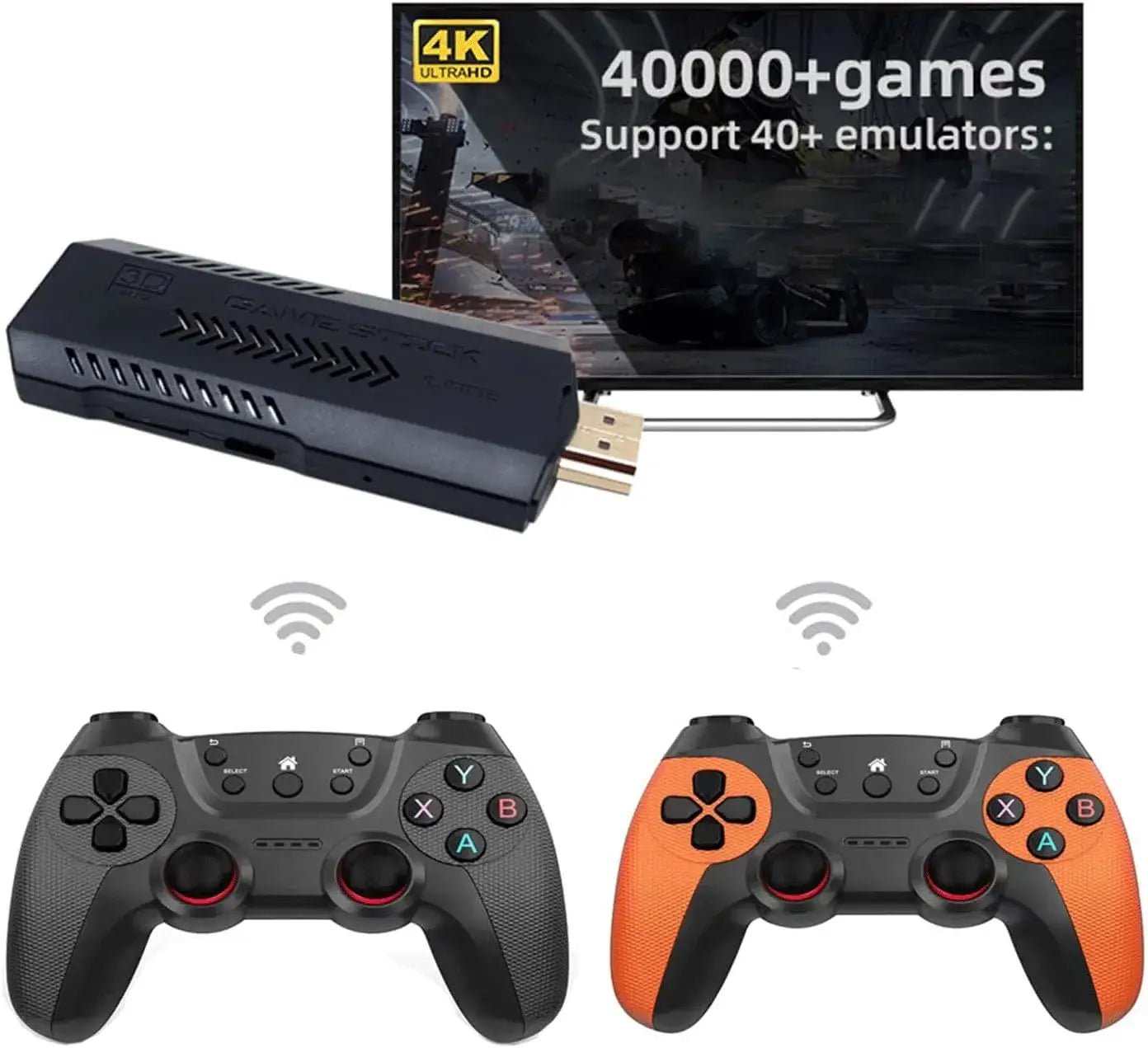 Ultra Retro Game Stick 4K with wireless controllers and 40,000+ games displayed on a 4K TV.