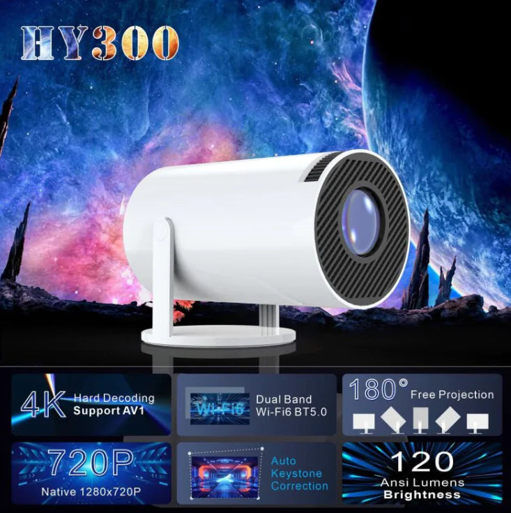 Versatile Portable Mini Projector displaying specifications and features including 4K support, Wi-Fi, and 120 ANSI lumens.