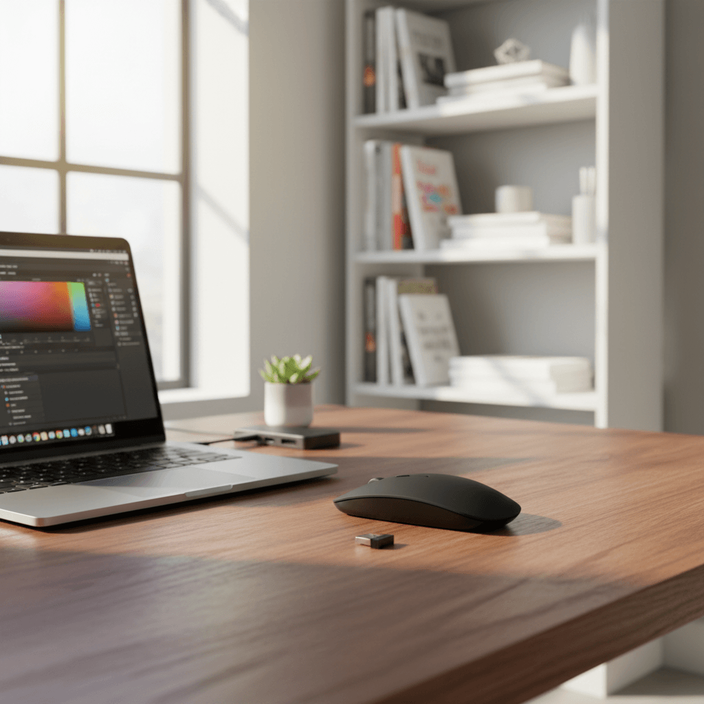 Wireless Bluetooth 5.0 Silent Mouse on a desk next to a laptop in a bright, modern workspace.