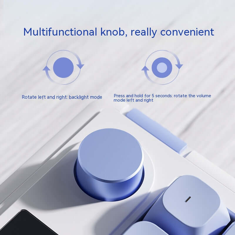 Multifunctional knob on Wireless Bluetooth Mute Keyboard for easy backlight and volume control.