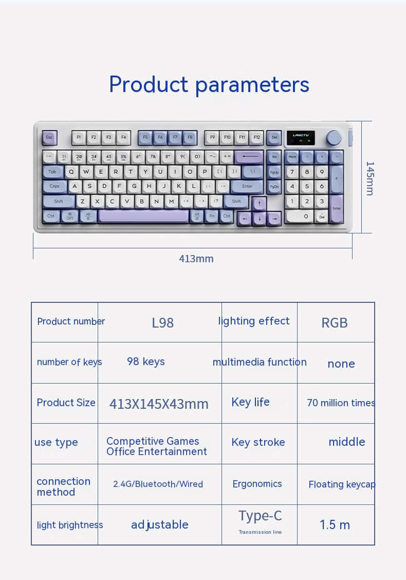Wireless Bluetooth Mute Keyboard product parameters with dimensions and features highlighted.