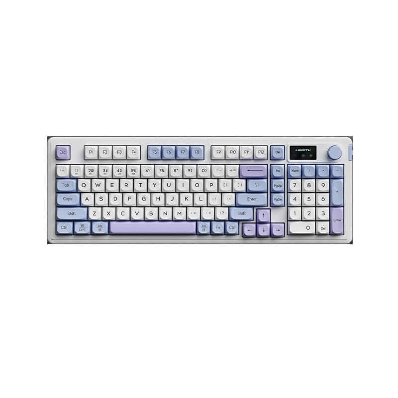 Wireless Bluetooth Mute Keyboard in a stylish design with purple and white keys for a quiet workspace.