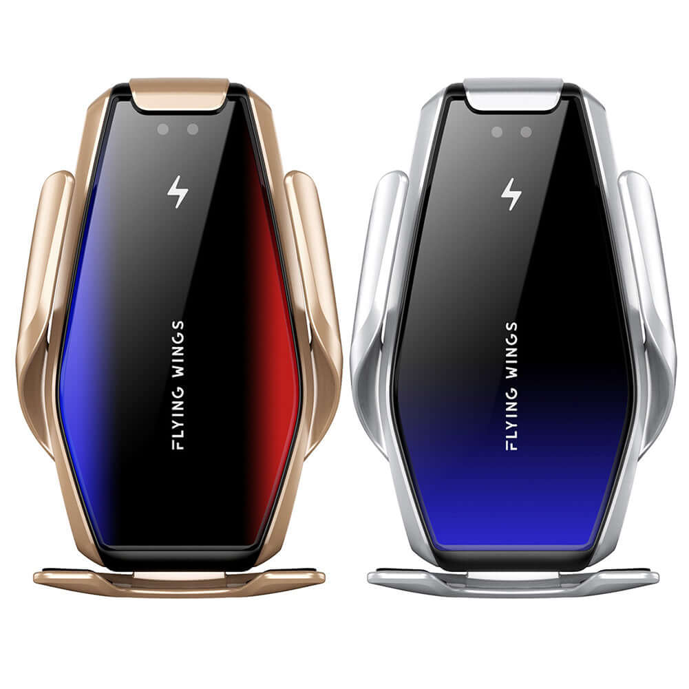 Wireless Mobile Phone Charger for Your Car available in two colors, gold and silver.
