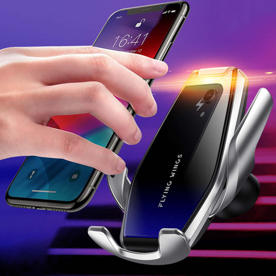 Wireless Mobile Phone Charger for Your Car automatic clamp charging mount with smartphone in hand