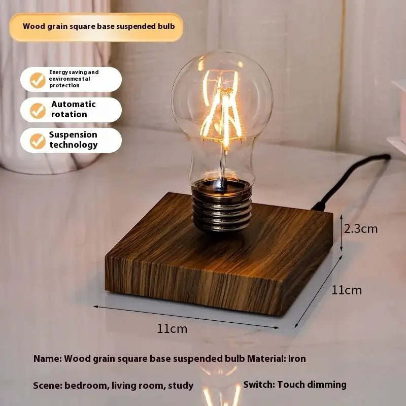 Mystical Floating Desk Lamp with wood grain square base and touch dimming switch for modern spaces.