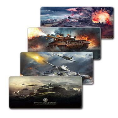OLGO Oversized Gaming Mouse Pad with World of Tanks graphics, showcasing military vehicles and battle scenes.