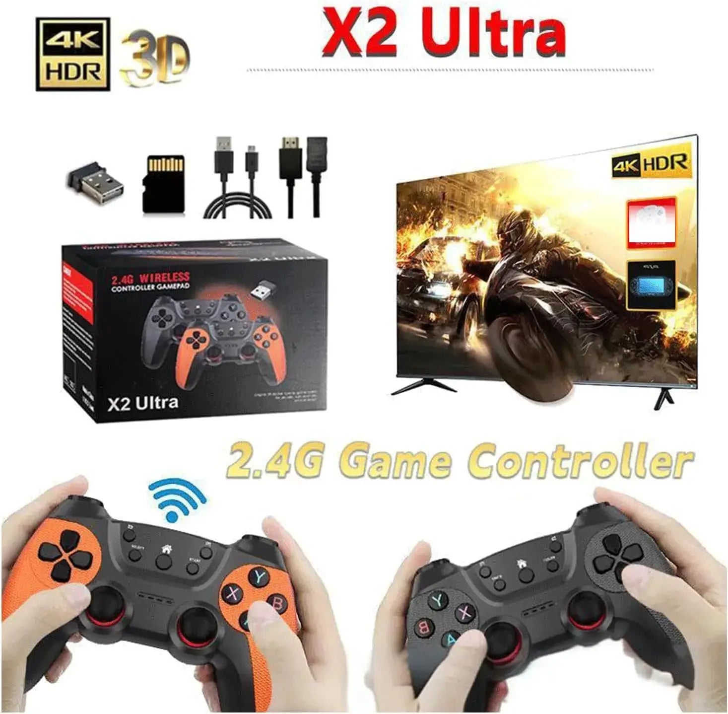 Ultra Retro Game Stick 4K with wireless controller and 4K HDR gaming features displayed on a modern TV.