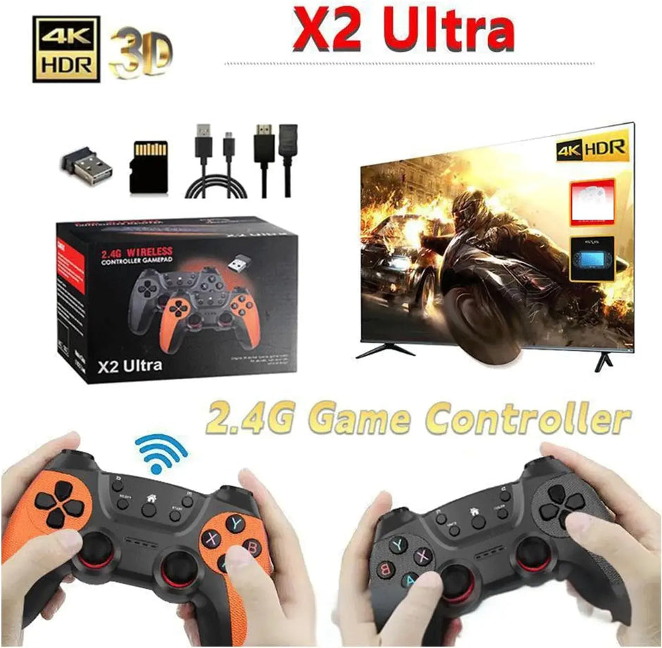 Ultra Retro Game Stick 4K with wireless controller and 4K HDR gaming features displayed on a modern TV.