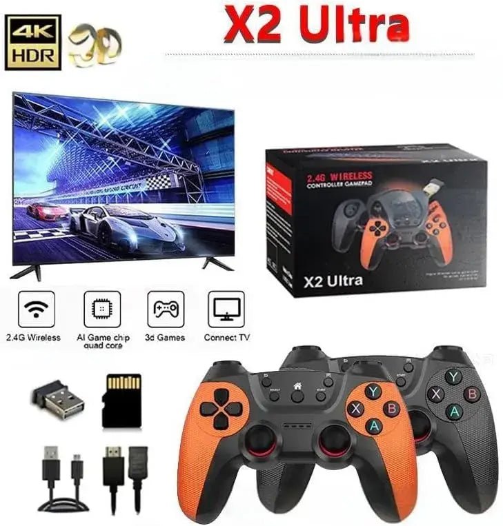 Ultra Retro Game Stick 4K gaming console with wireless controller and 4K HDR TV display.