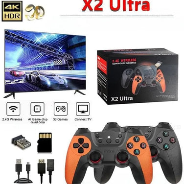 Ultra Retro Game Stick 4K gaming console with wireless controller and 4K HDR TV display.