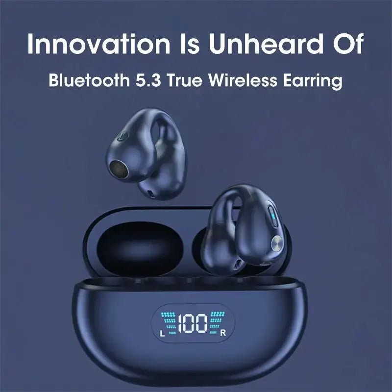 Ambie Sound TWS Ear Bone Conduction Bluetooth Earbuds in sleek charging case with digital display.